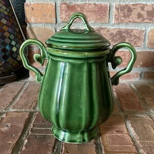 Vtg Baum Brothers Style Eyes Green Double Handle Canister 8.5"